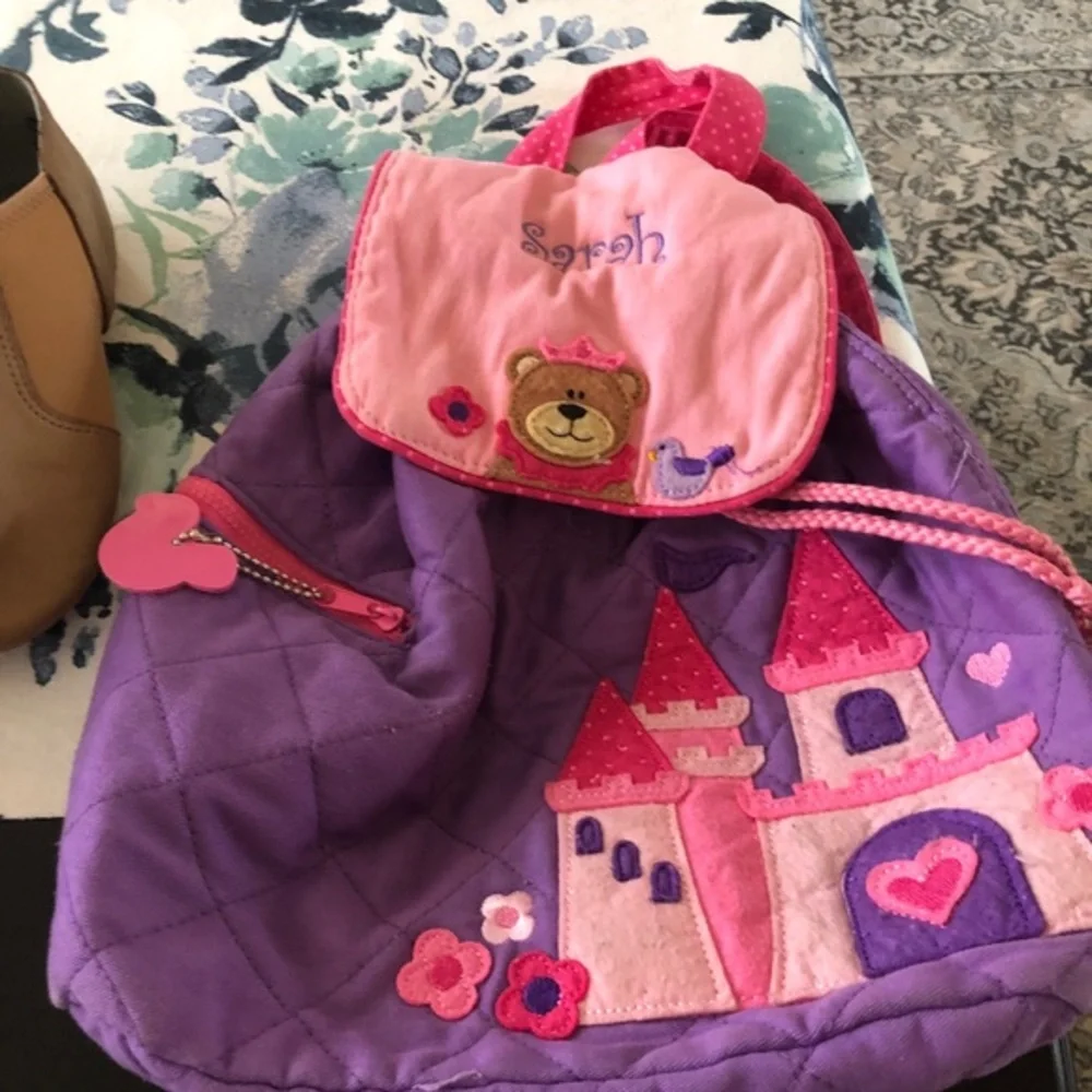 Sarah monogram Kids fabric backpack pink‎ castle picture drawstring snap closure